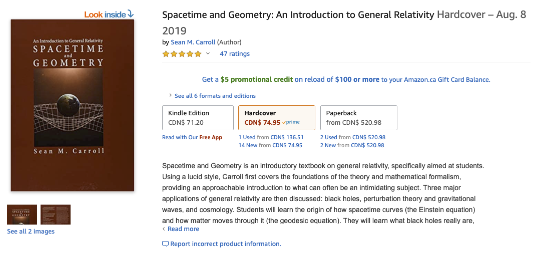 Amazon.ca price for Spacetime and Geometry: An Introduction to General Relativity