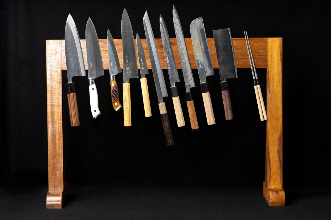 Large Teak Magnetic Knife Stand - Loaded