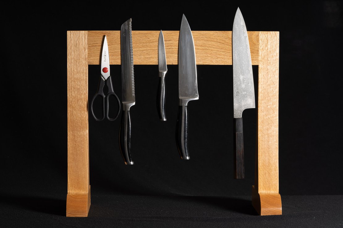 Smaller Oak Magnetic Knife Stand - Loaded