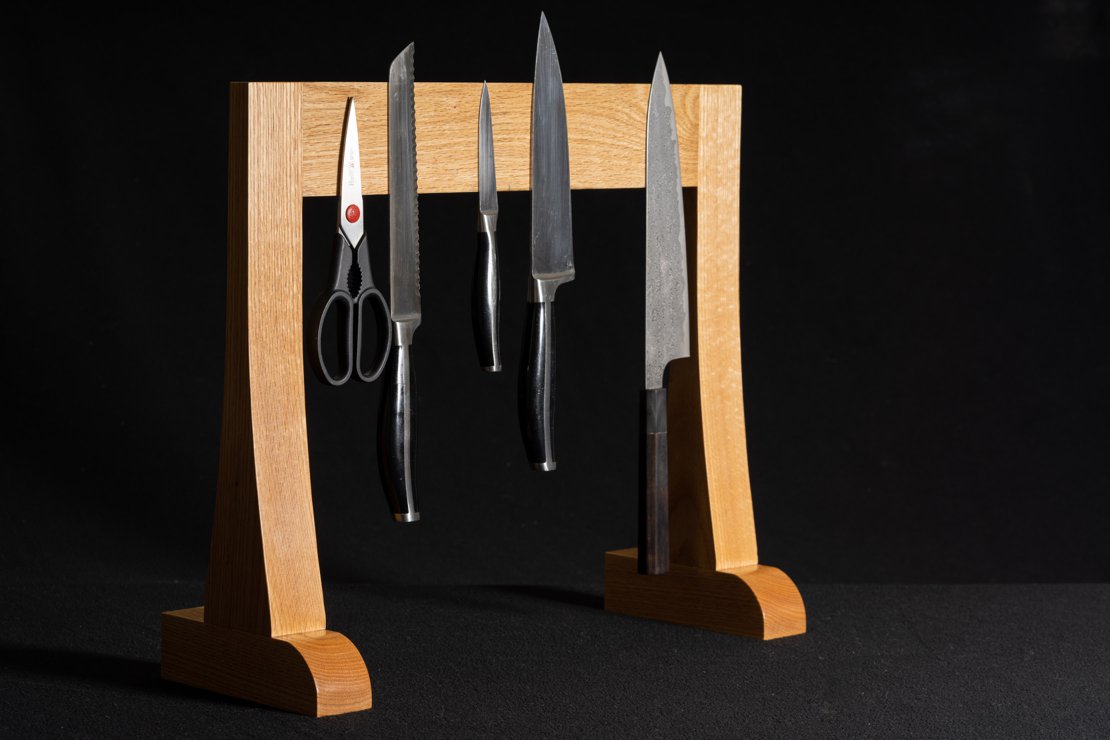 Smaller Oak Magnetic Knife Stand - Side Profile